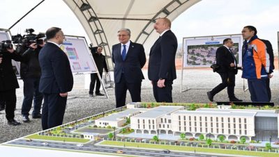 Kazakistan ve Azerbaycan Cumhurbaşkanları Fuzuli Şehir Merkez Hastanesi inşaatında incelemelerde bulundu
